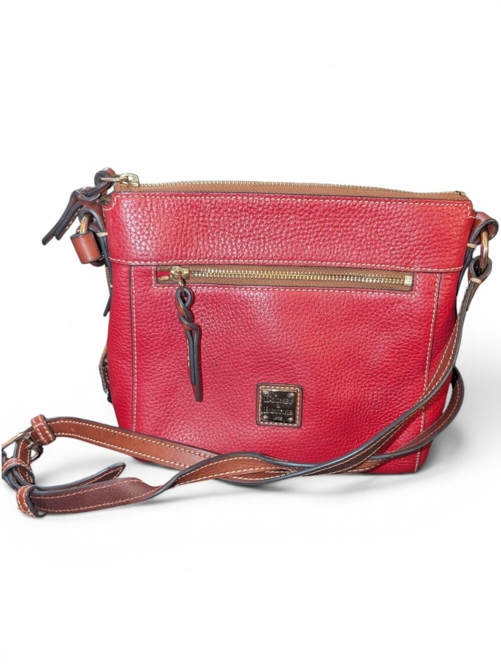 Dooney & Bourke Red Pebble Grain Leather Allison Crossbody Bag Cognac Brown Trim